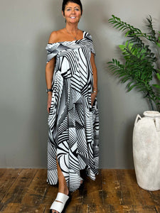 Monochrome Geometric Print Maxi Dress - PAKA10 Blue Woman